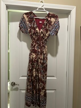 Maroon with Cream and Blue accent colors Floral Maxi Dress with Puff Sleeves